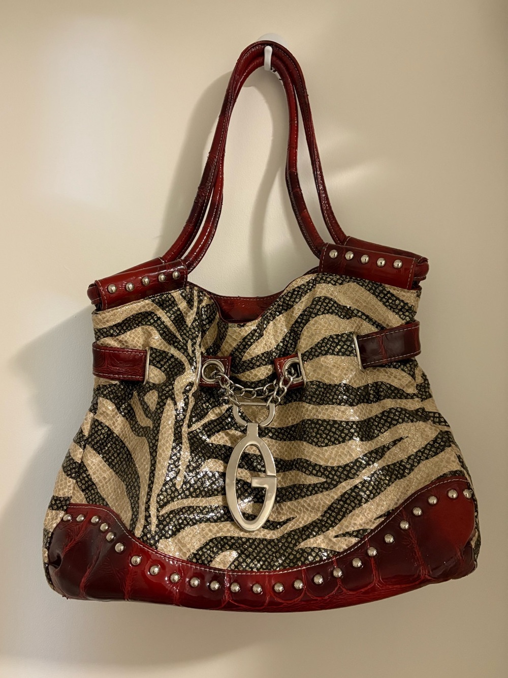 Vintage Y2K Zebra Print Studded Shoulder Bag | Silver Letter G Charm | McBling